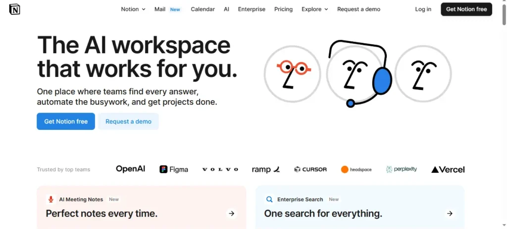 Notion homepage hero section showcasing minimalist visual identity design