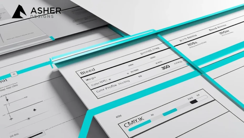 Screenshot of a print design layout with bleed lines and CMYK print settings prepared by Asher Designs for high-quality physical marketing materials