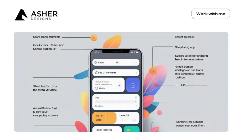 Annotated user interface design of a mobile app showing buttons, navigation, and layout elements with Asher Designs branding