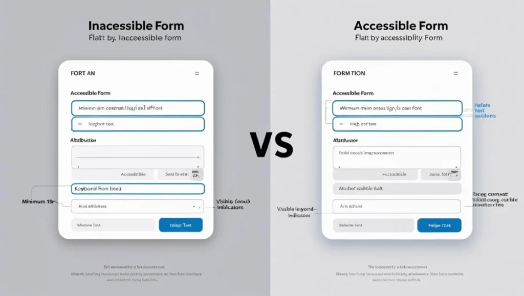 Side-by-side comparison of an inaccessible form and an accessible form showing proper contrast, labels, spacing, and screen reader-friendly elements in UI design