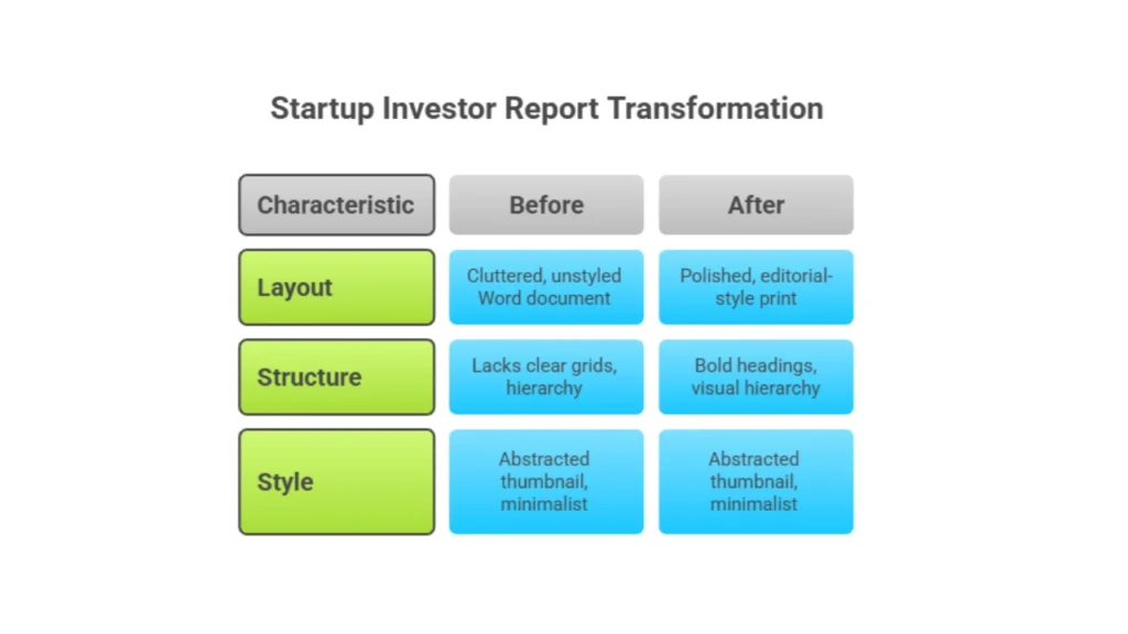 Before and after of investor report design — from unstyled Word document to polished editorial print layout