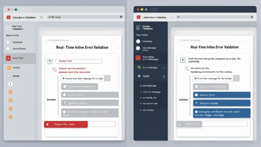 Side-by-side UI comparison of a form with inline error validation versus a form with no error feedback, illustrating error prevention and recovery in user interface design principles.