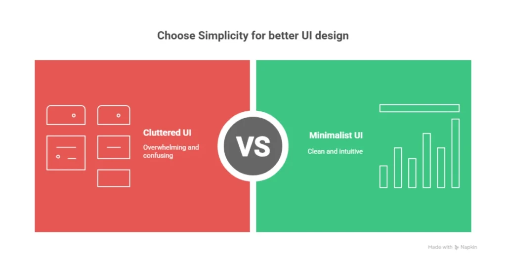 Side-by-side UI comparison of a cluttered dashboard versus a minimalist, clean interface—illustrating the simplicity principle in user interface design.