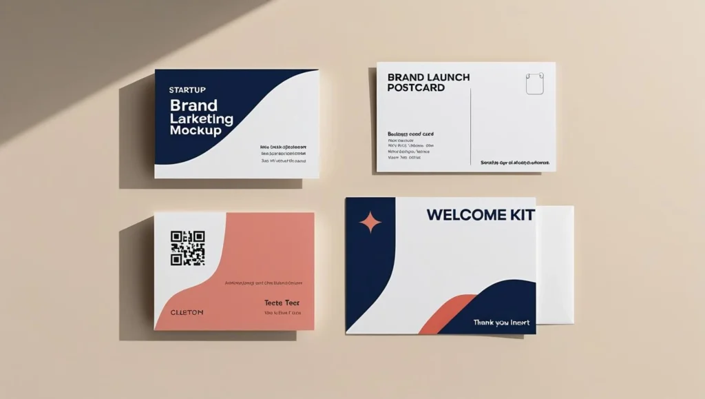 Flat-lay image showing modern startup print collateral including a clean business card, minimalist brand launch postcard with QR code, and a welcome kit insert, all in a bold navy, coral, and white color scheme.