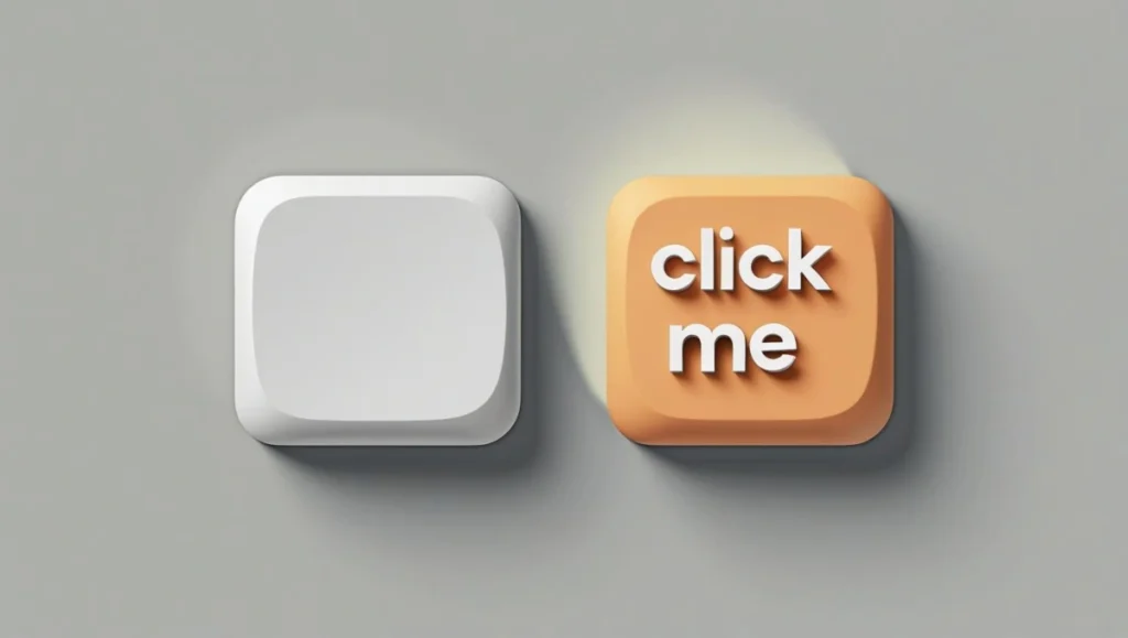 UI design example comparing two buttons: one with clear hover affordance using shadow and label, and one flat with no visual cues