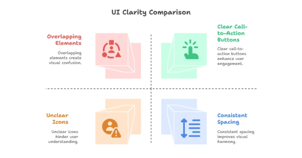 Side-by-side UI comparison showing a cluttered dashboard versus a clean, minimal interface with clear buttons, spacing, and icons—demonstrating the clarity principle in user interface design.
