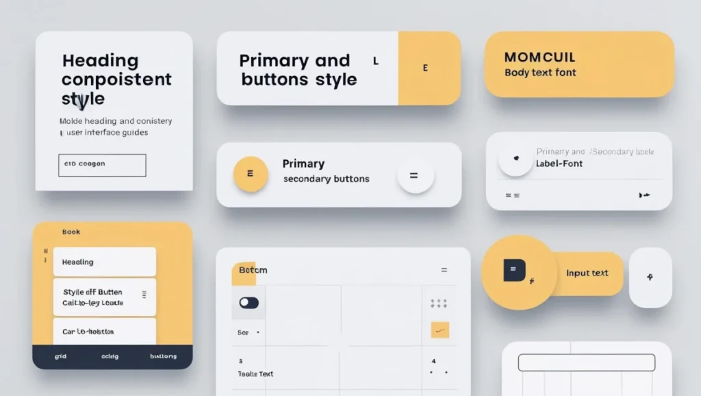 Close-up of a modern UI style guide showing consistent typography, button styles, form inputs, and layout grid on a clean flat background.