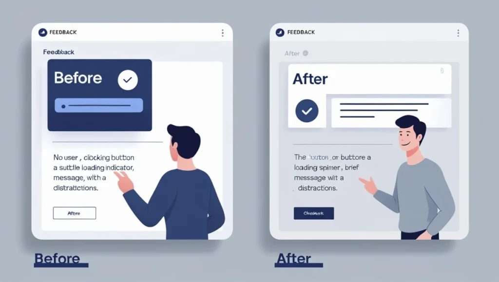 Before and after UI design showing lack of feedback versus effective user feedback with loading spinner and confirmation message.