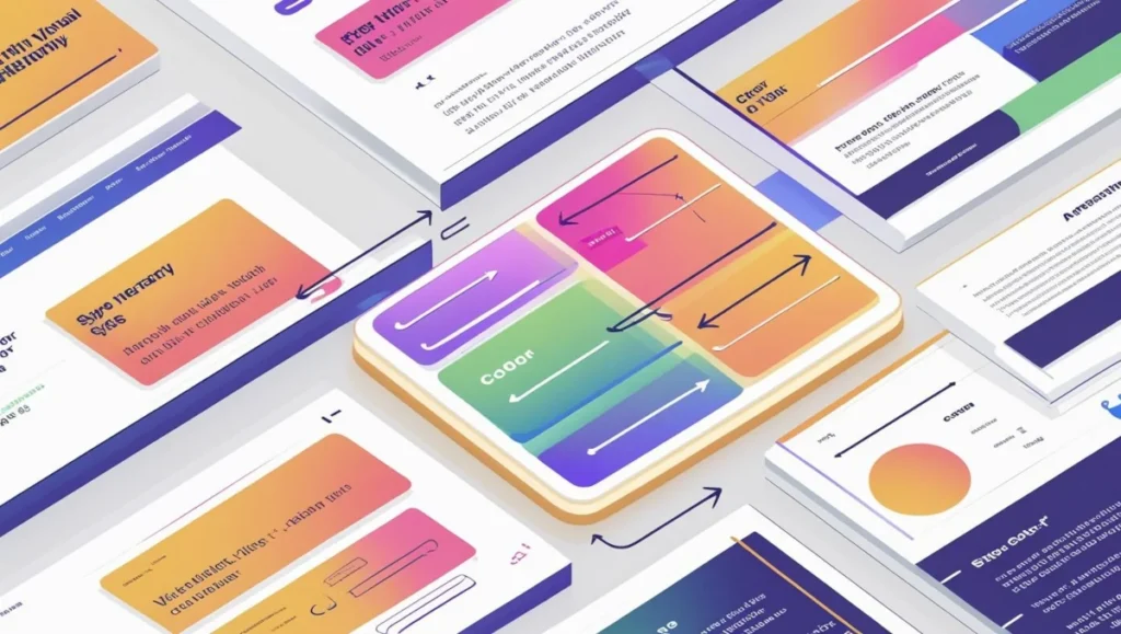 Annotated UI mockup showing visual hierarchy principles with clear eye flow using layout, color contrast, and spacing.