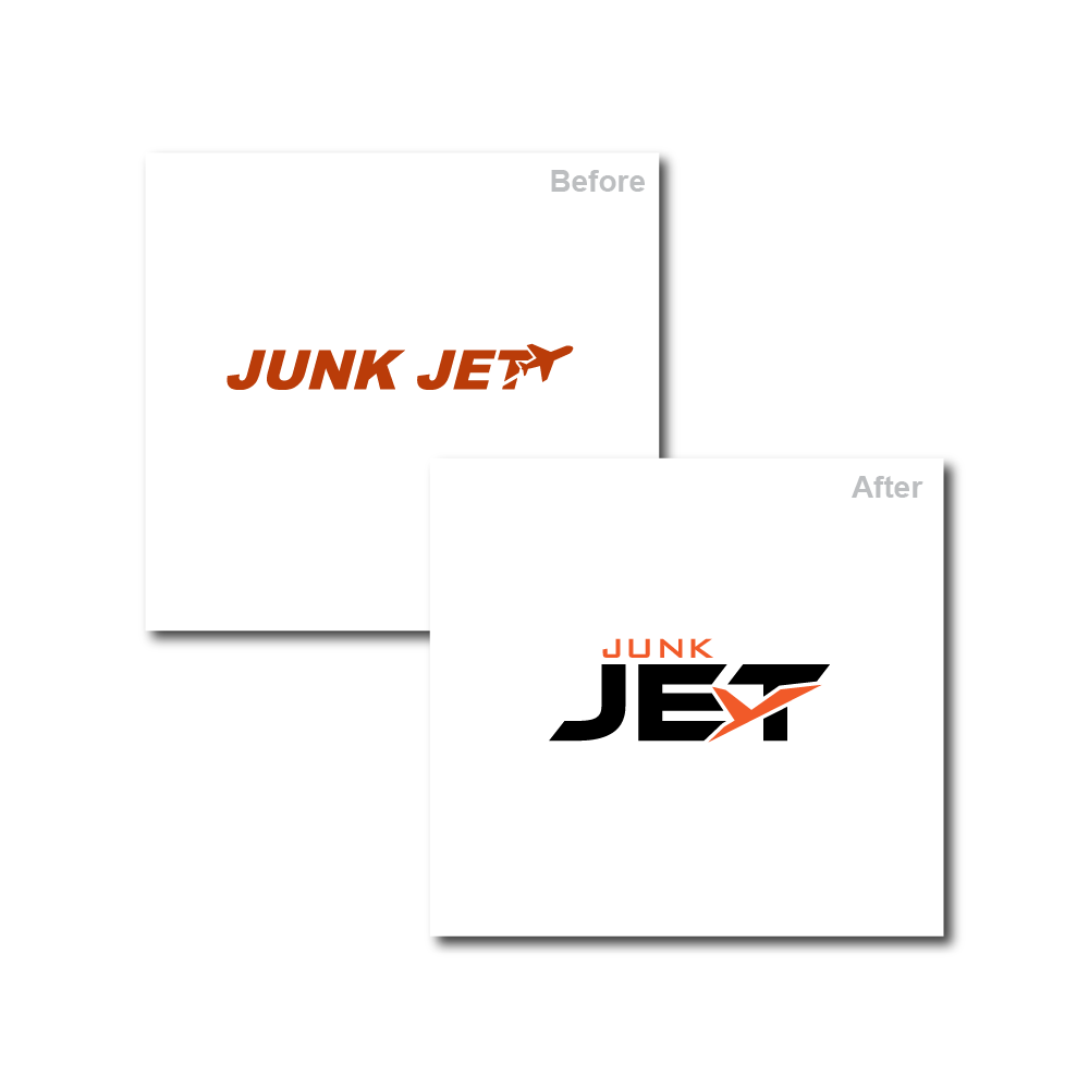 Before and after comparison of an AI-generated logo improved into a professional design for the brand Junk Jet.